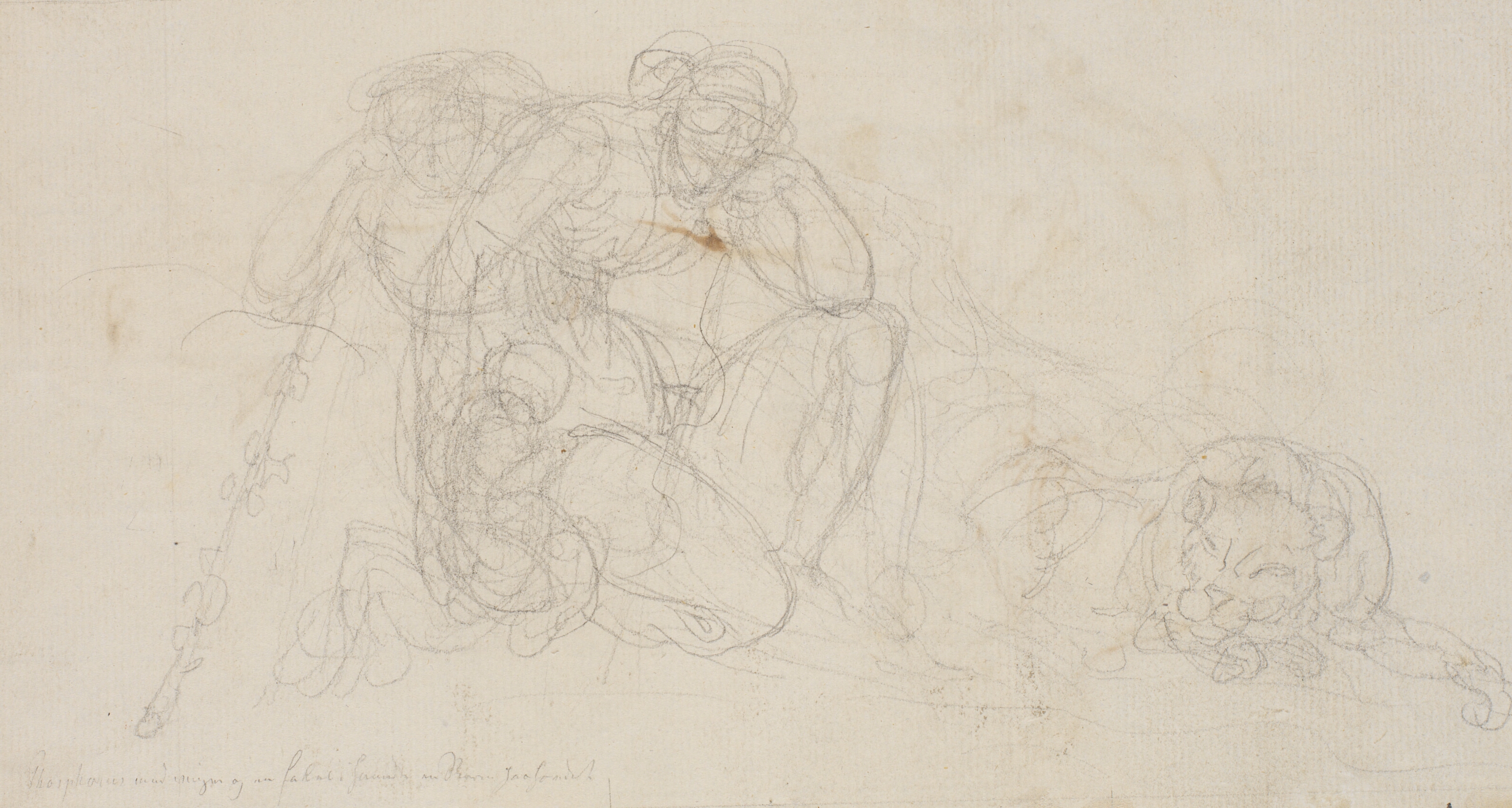 Udkast til samme figur som på recto, men knælende